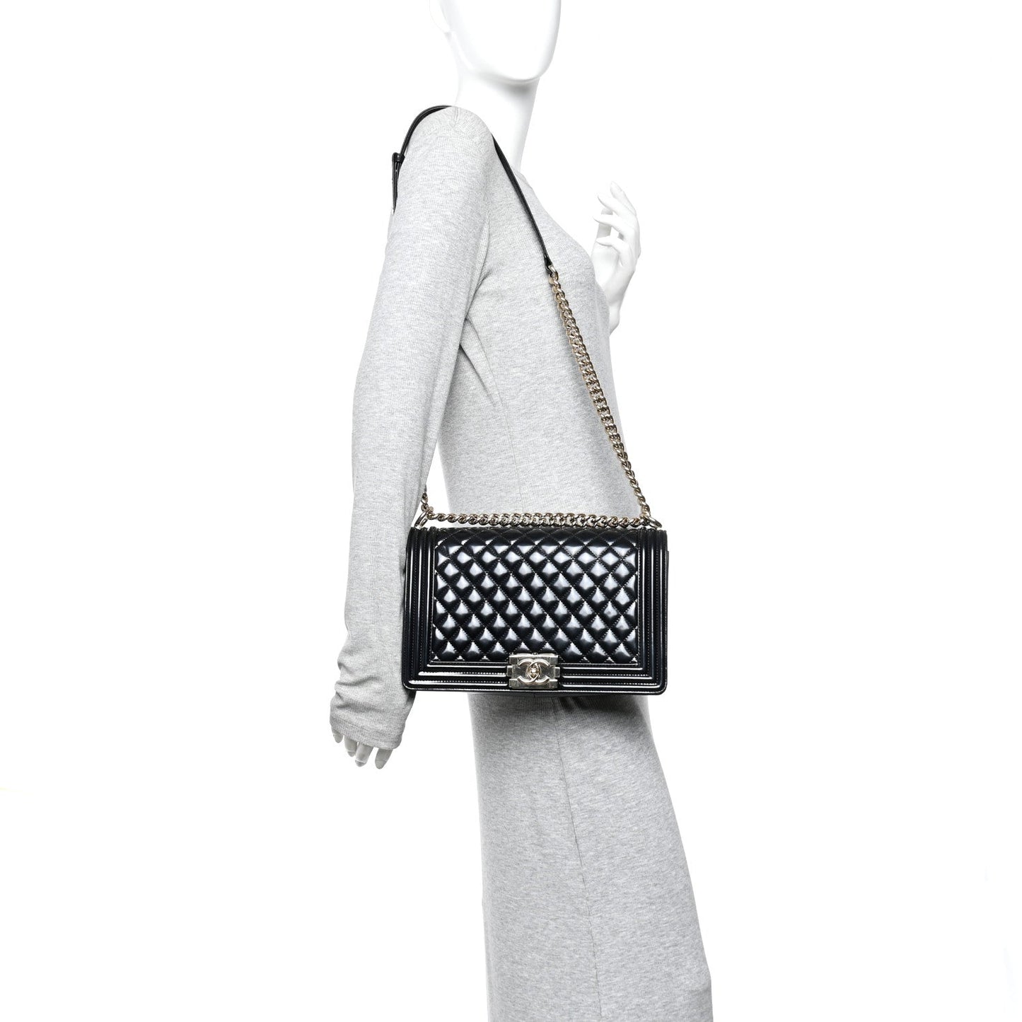 Iridescent Glazed Calfskin Quilted New Medium Boy Flap Black