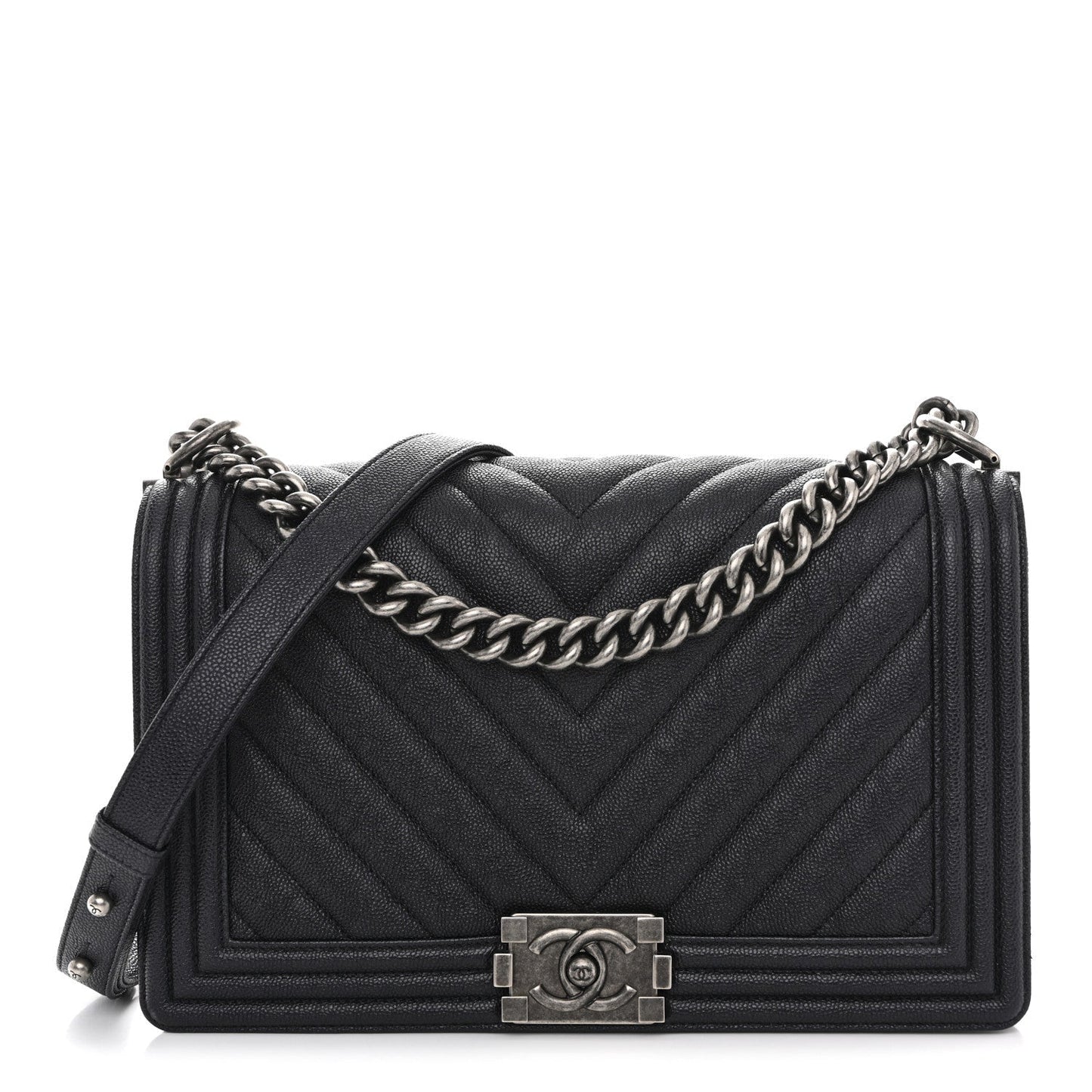 Caviar Chevron Quilted New Medium Boy Flap Dark Navy Blue