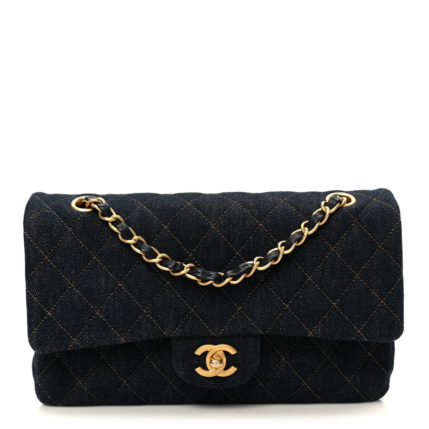 Denim Quilted Medium Double Flap Dark Blue