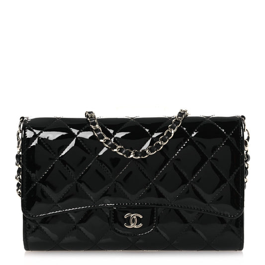Patent Quilted Wallet On Removable Chain WOC Black