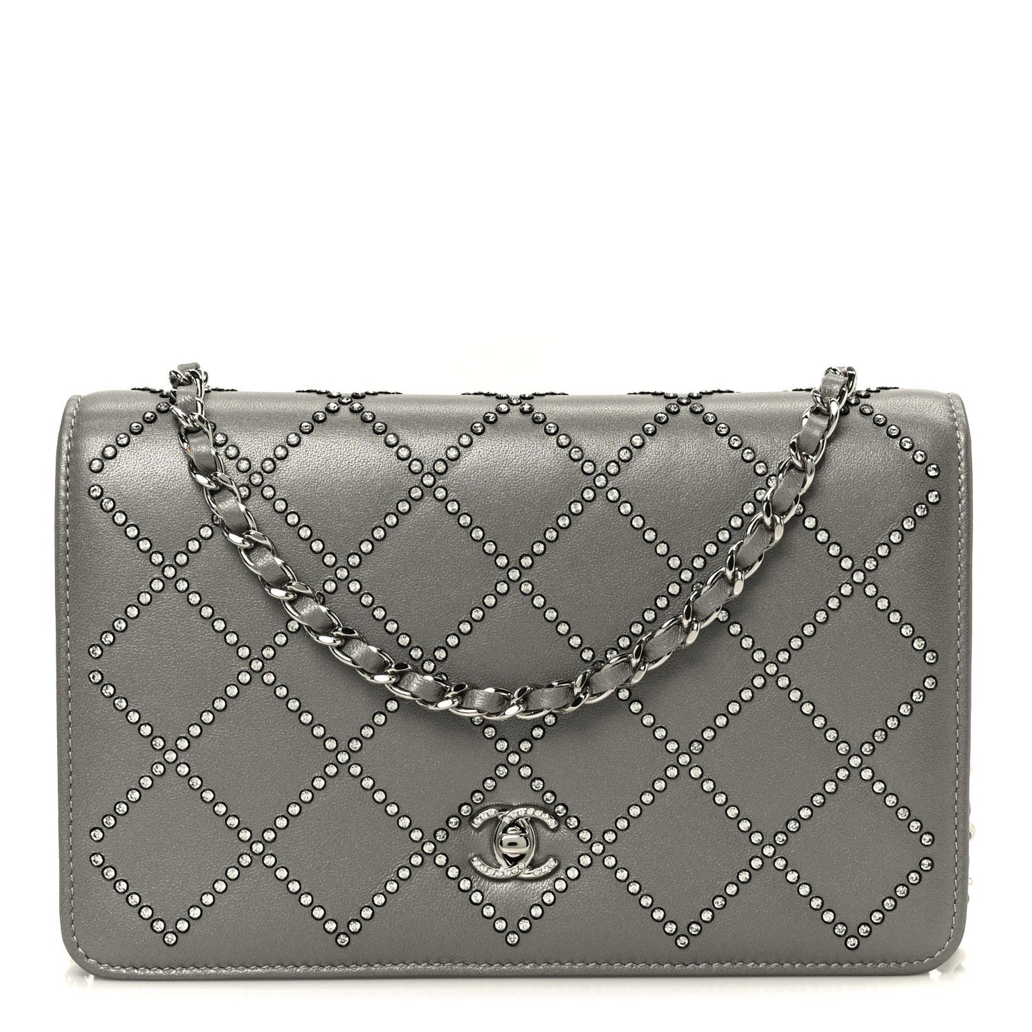 Lambskin Crystal Quilted Wallet On Chain WOC Grey