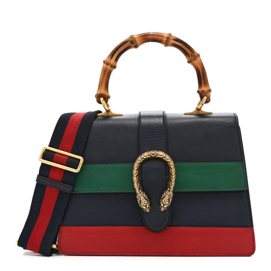 Moon Calfskin Bamboo Web Medium Dionysus Top Handle Bag Blue Emerald Hibiscus Red
