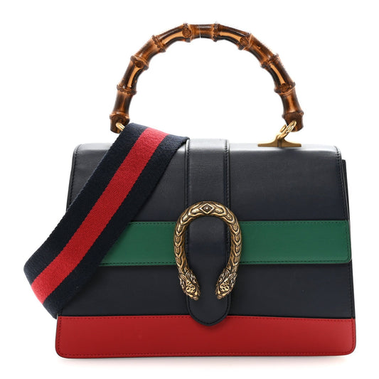 Moon Calfskin Bamboo Web Medium Dionysus Top Handle Bag Blue Emerald Hibiscus Red
