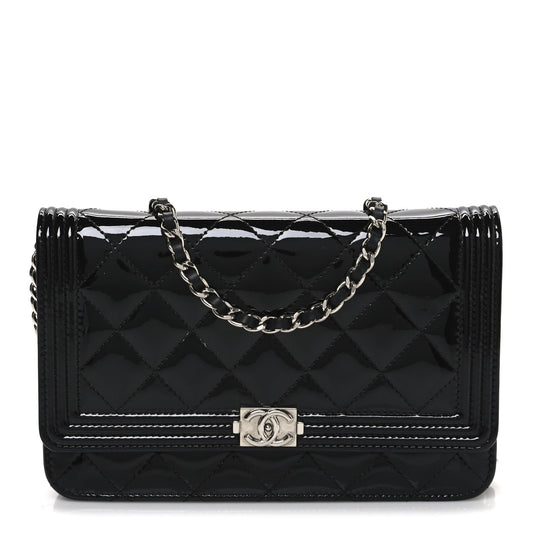Patent Calfskin Quilted Boy Wallet On Chain WOC Black
