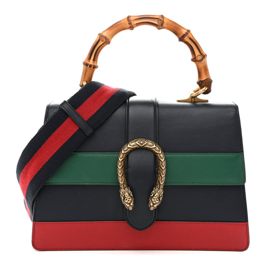 Moon Calfskin Web Medium Dionysus Bamboo Top Handle Bag Blue Emerald Hibiscus Red